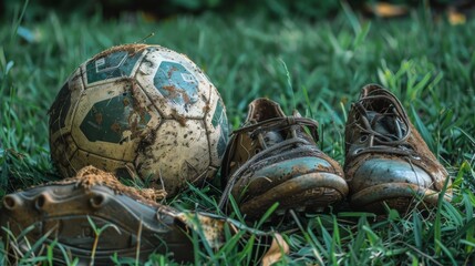 Close up shot of a worn soccer ball with orange cleats on a grass field.