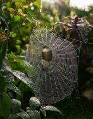 a shadow of a spider's web on a rainy day in a garden
