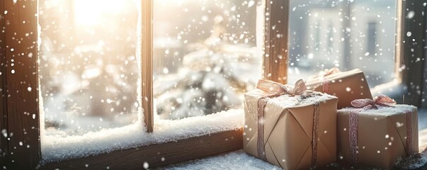 Festive window scene with wrapped gifts, snowflakes falling, and a serene winter landscape in the background, evoking holiday cheer.