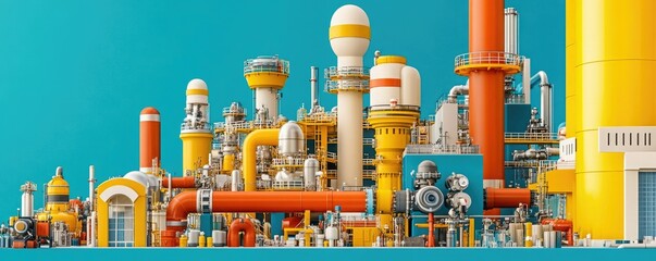 Wall Mural - A vibrant industrial complex featuring colorful pipelines, tanks, and various structures against a bright blue background.