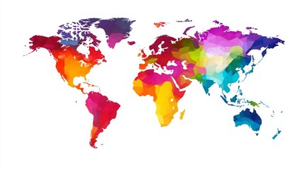 Vibrant and minimalistic world map illustration featuring continents in bold colors on a white background, showcasing a simple flat design with clean lines and ample white space