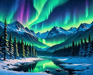 Aurora borealis over the frosty forest. Green northern lights above mountains. Night nature landscape with polar lights. Night winter landscape with aurora. Creative image. winter holiday concept