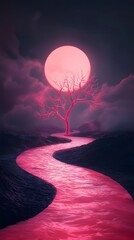 Pink Moon Over River in Dreamlike Landscape