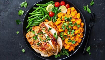 Plated Thanksgiving meal with turkey, sweet potato casserole, and green beans, balanced and colorful holiday dinner