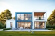 © Oratai - A modern blue house with large windows and a sleek design, positioned in the center of the frame with a white background