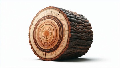 a cross-section of a large tree trunk, highlighting the growth rings and rough bark, isolated on a w