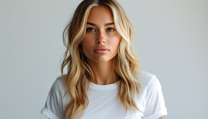 Blonde Model in White T-Shirt for Stylish Mockup Display