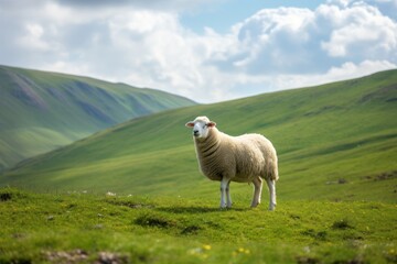 a single sheep standing alone in a lush green meadow, with a gentle breeze rustling its wool, the va