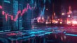 © punniix - Futuristic digital financial graph displayed on a glowing screen. Vibrant colors illustrate stock market trends and data analysis. Ideal for tech and finance related projects.