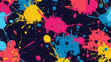 Wall Mural - Seamless pattern of colorful paint splatters on a dark background.