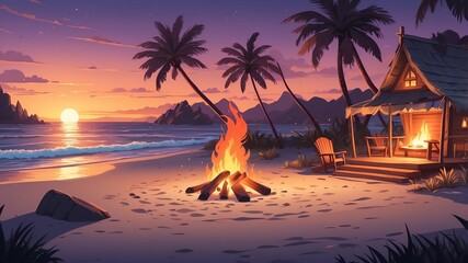 Wall Mural - Cozy Beach Fire at Dusk Cartoon Background Design