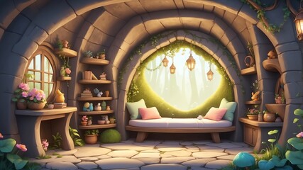 Cozy Nook with Fairy Statues Cartoon Background Design