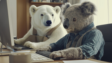 Polar bear and koala working together on computers in office