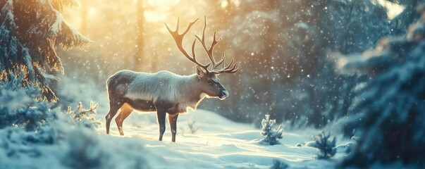 A majestic reindeer stands amidst a snowy forest, illuminated by soft sunlight, capturing the beauty of winter wildlife.