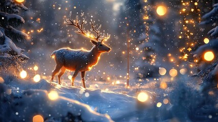 Wall Mural - A majestic deer standing in a snowy forest, illuminated by glimmering lights, capturing the essence of winter magic.