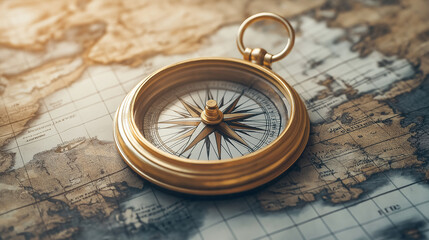 Golden compass lying on an antique world map showing the way forward