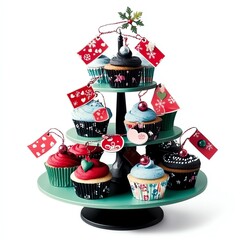 A Black Friday cupcake stand with sale tags and festive decorations, baking theme, isolated on white background