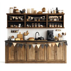 A festive kitchen scene with Black Friday sale banners hanging from cabinets, surrounded by baking supplies, isolated on white background