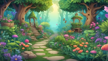 Canvas Print - Enchanted Herb Garden Cartoon Background Design