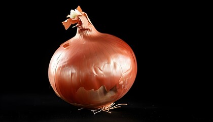 Isolated vibrant red onion with prominent roots against a dark backdrop