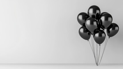 Cluster of shiny black balloons tied with strings against plain white background