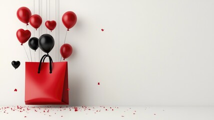 Red shopping bag with heart and round balloons against white background