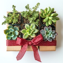 A Black Friday gift set featuring various succulent plants, wrapped in a festive bow, cozy and stylish, isolated on white background