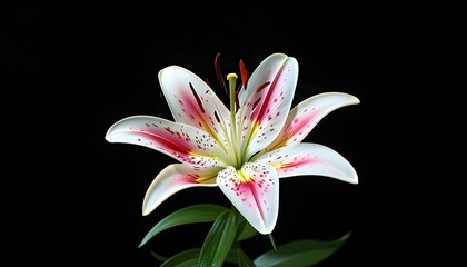 Elegant white lily in full bloom with pink speckles against a striking black background