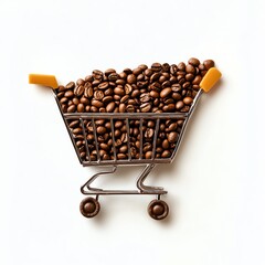 Coffee beans forming the shape of a shopping cart with Black Friday deals, creative and unique, isolated on white background