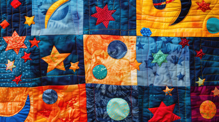 Colorful baby quilt made of patchwork fabric with cute animals and floral designs.Traditional needlework for children's rooms and children's parties.