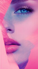 Wall Mural - Close-Up of Woman's Face with Neon Pink and Blue Lighting