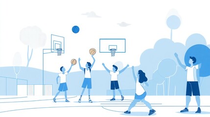 A minimalist flat illustration depicting an open space where two people are actively playing basketball, surrounded by three young adults cheering enthusiastically.