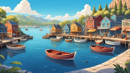 Scenic Harbor with Boats Cartoon Background Design