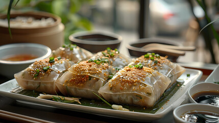 Zongzi in a white plate in a luxurious shop.