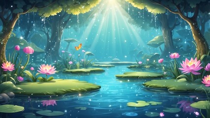 Wall Mural - Sparkling Fairy Pond Cartoon Background Design