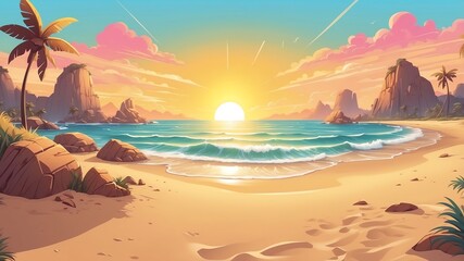 Wall Mural - Sunny Beach Sunrise Cartoon Background Design