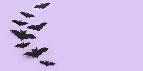 Sticker - Black paper bats for Halloween party on lilac background with space for text