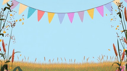 A blue sky with colorful triangle bunting strung between two bunches of wild flowers against a background of golden wheat.