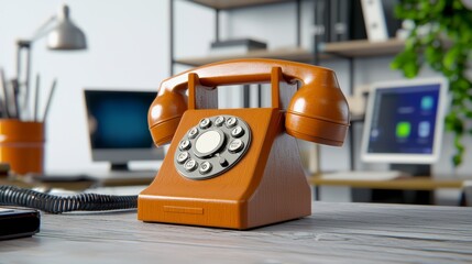 A vintage rotary phone in a modern office setting, showcasing a blend of retro design and contemporary technology.