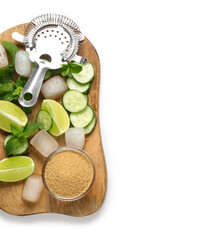 Poster - Wooden board with fresh ingredients for mojito and strainer on white background