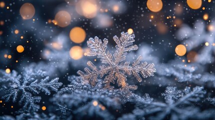 Wall Mural - A close-up of a snowflake surrounded by soft bokeh lights, capturing the beauty of winter's delicate patterns and shimmering textures.