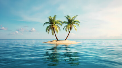 A small island with two palm trees on its surface. Deserted Island. Illustration