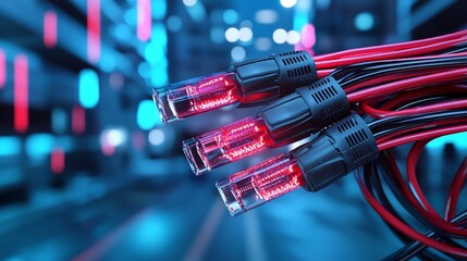 Wall Mural - A close-up view of glowing red and black cables, highlighting the connectors, set against a vibrant, blurred background of blue and neon lights.