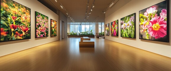 Poster - A modern art gallery showcasing colorful floral photographs with wooden benches.