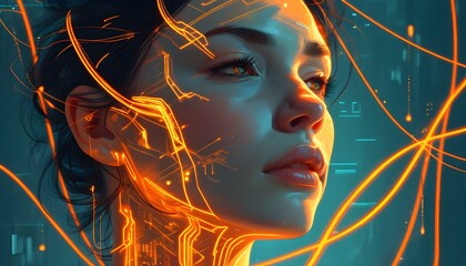 Futuristic fusion of a womans face and glowing orange lines symbolizing technologys embrace of human connection