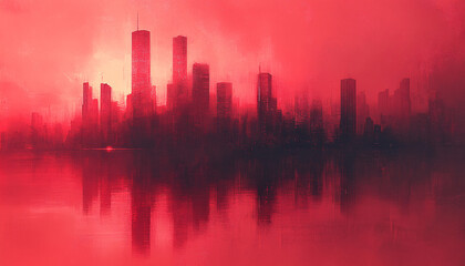 An abstract crimson red digital glitch art of a metropolitan city skyline, depicting a futuristic and vibrant urban atmosphere.