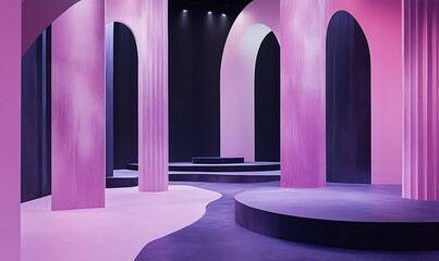 Abstract Pink and Black Architectural Interior with Arched Columns