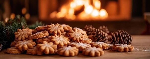 Warm and inviting holiday scene featuring festive cookies by a cozy fireplace, perfect for seasonal celebrations.