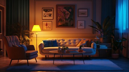 Living room interior with sofa, chair, table, and nightly lighting lamps .