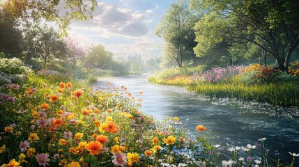 A lush spring river landscape with vibrant, blooming colorful flowers along the riverbank, creating a serene, realistic 3D illustration